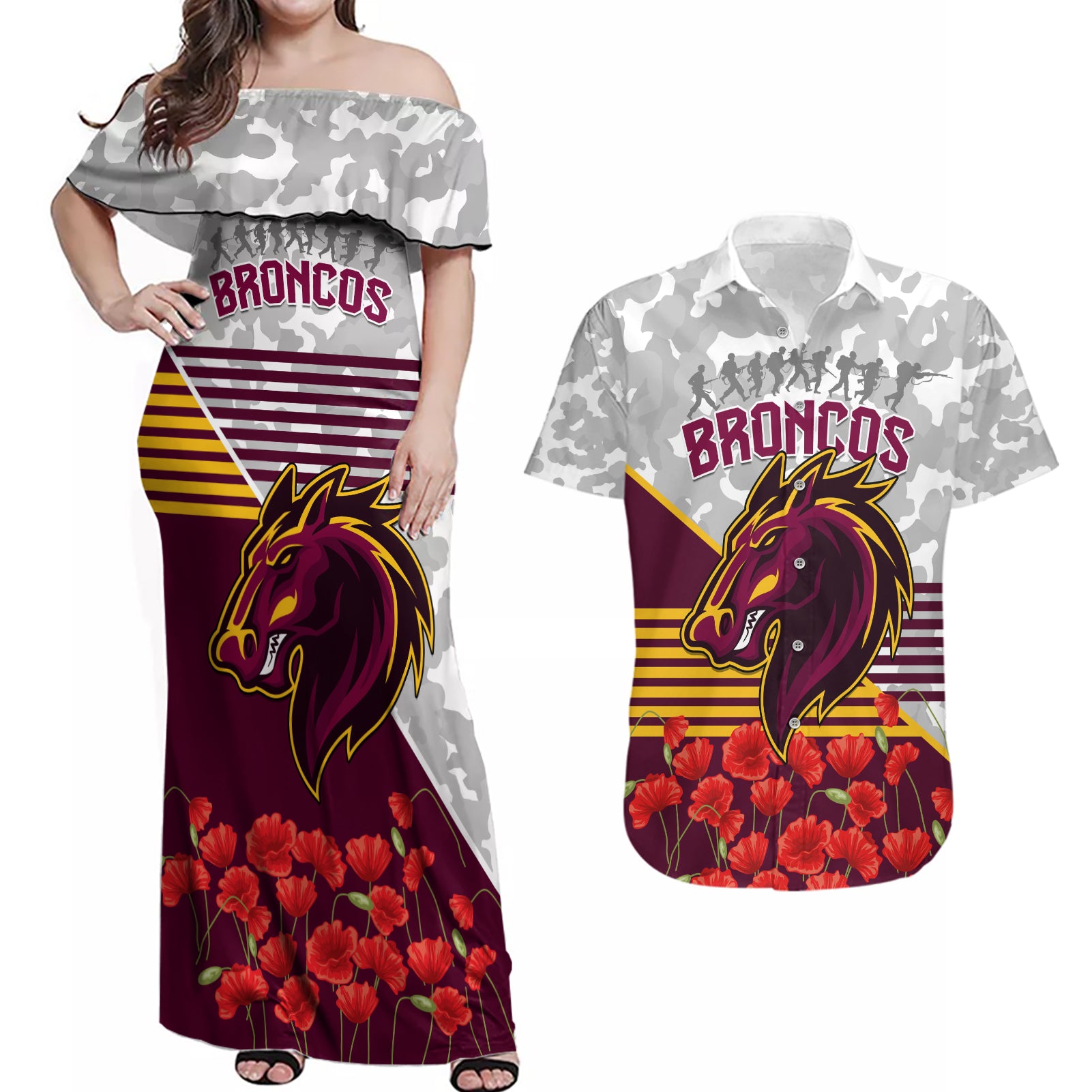 Broncos Rugby ANZAC Day 2024 Couples Matching Off Shoulder Maxi Dress and Hawaiian Shirt Camouflage Style