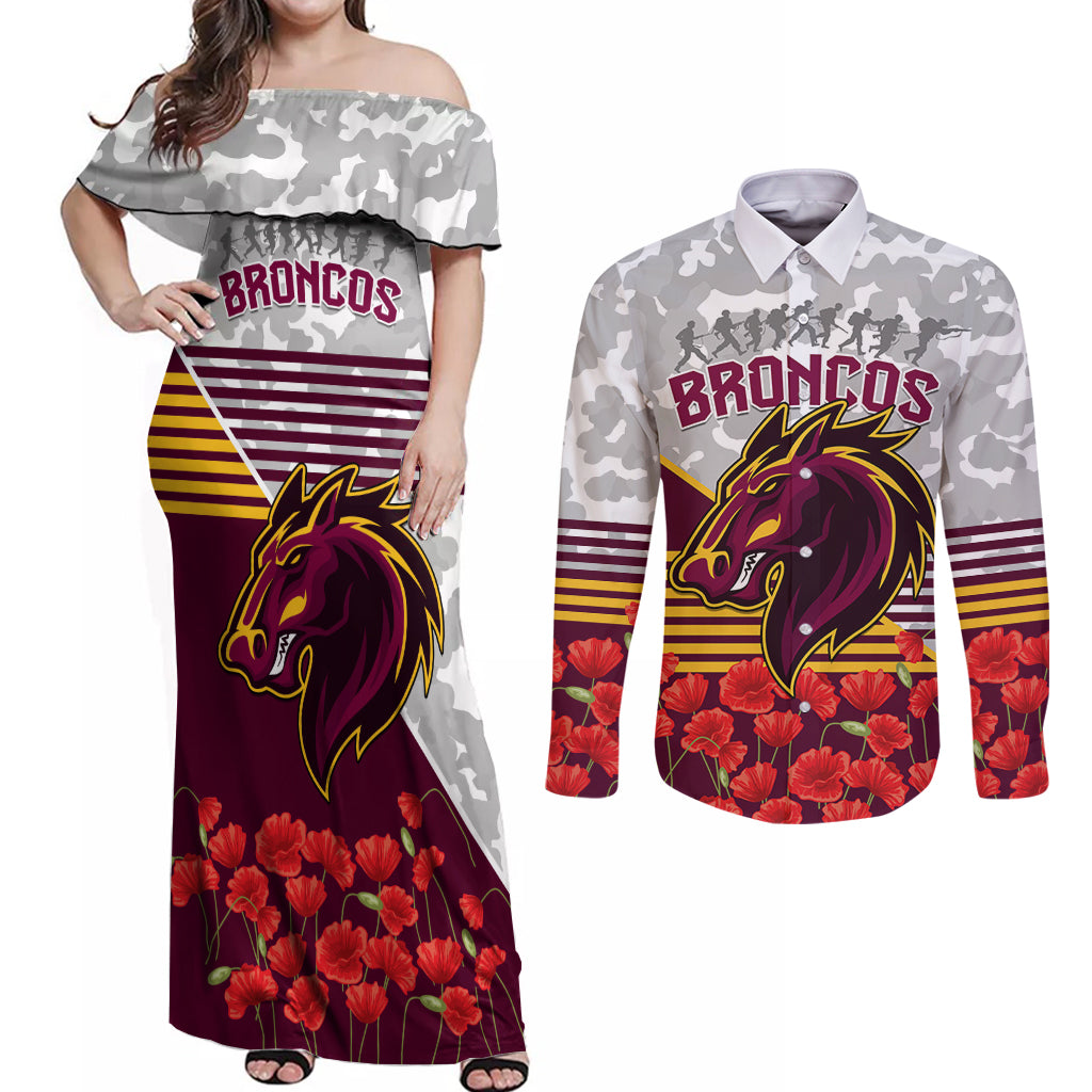 Broncos Rugby ANZAC Day 2024 Couples Matching Off Shoulder Maxi Dress and Long Sleeve Button Shirt Camouflage Style