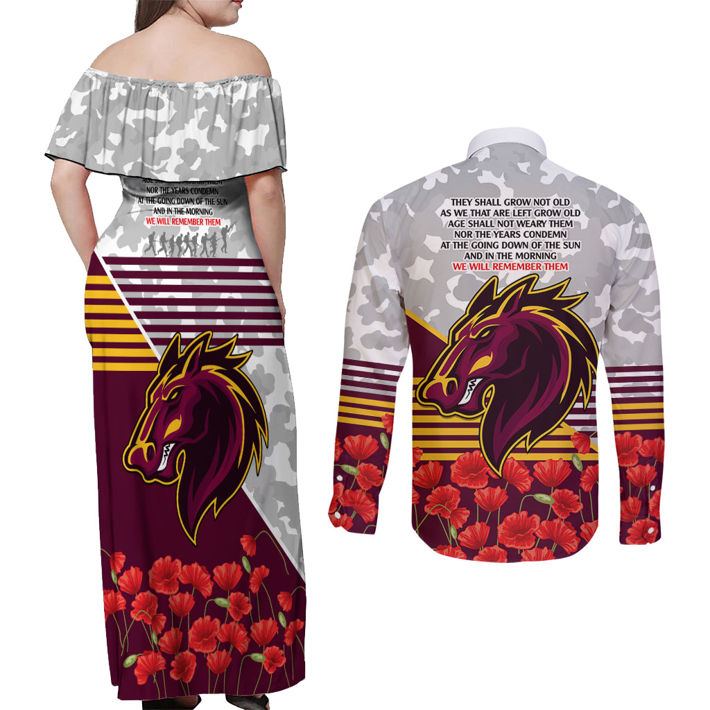 Broncos Rugby ANZAC Day 2024 Couples Matching Off Shoulder Maxi Dress and Long Sleeve Button Shirt Camouflage Style