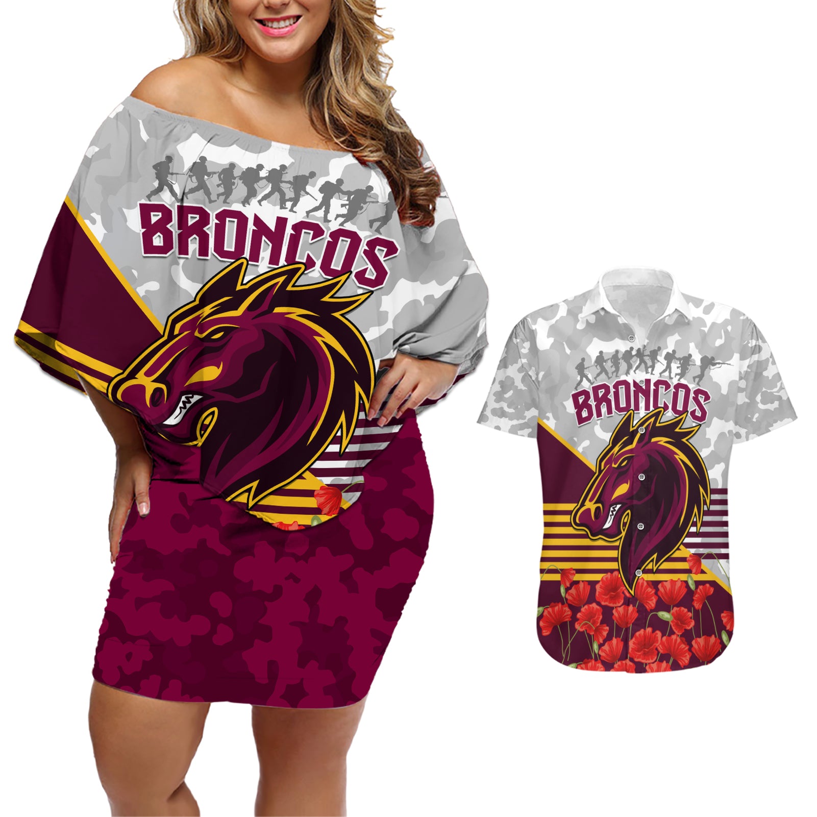 Broncos Rugby ANZAC Day 2024 Couples Matching Off Shoulder Short Dress and Hawaiian Shirt Camouflage Style