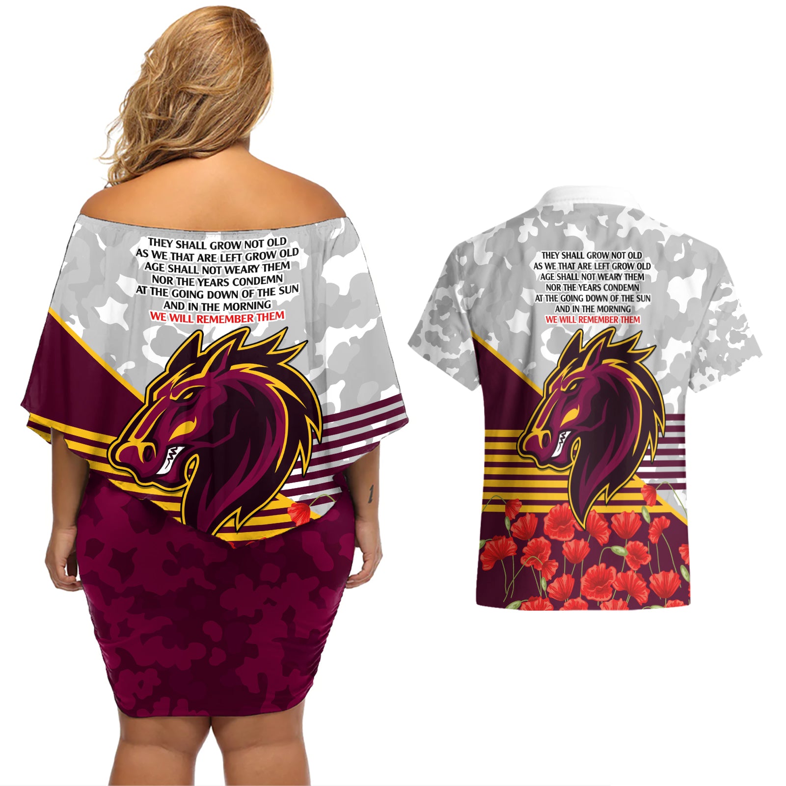 Broncos Rugby ANZAC Day 2024 Couples Matching Off Shoulder Short Dress and Hawaiian Shirt Camouflage Style