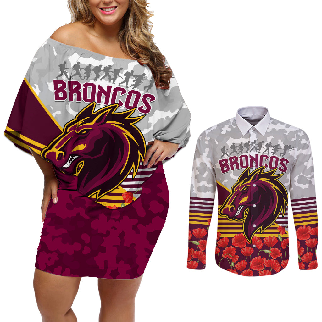 Broncos Rugby ANZAC Day 2024 Couples Matching Off Shoulder Short Dress and Long Sleeve Button Shirt Camouflage Style