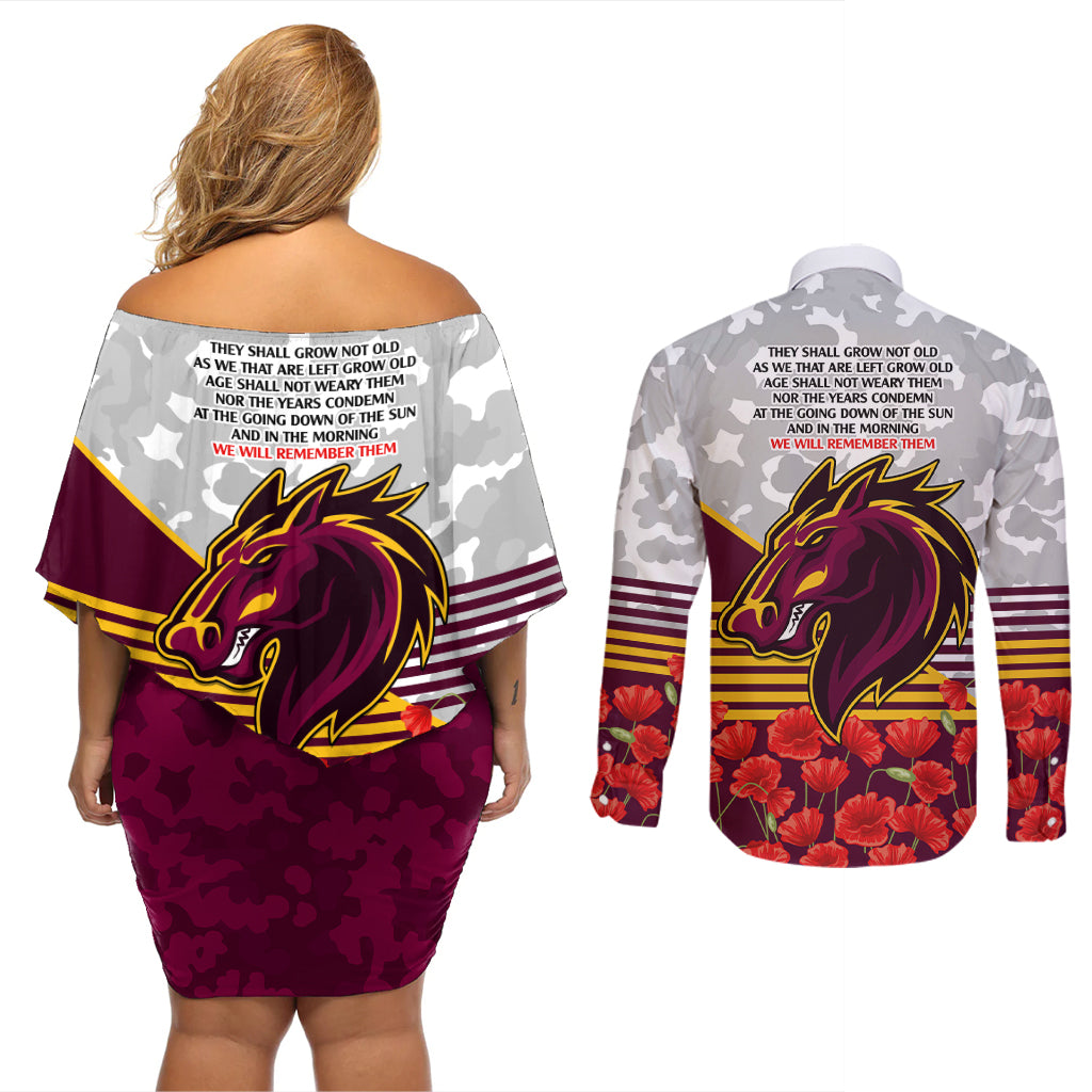 Broncos Rugby ANZAC Day 2024 Couples Matching Off Shoulder Short Dress and Long Sleeve Button Shirt Camouflage Style