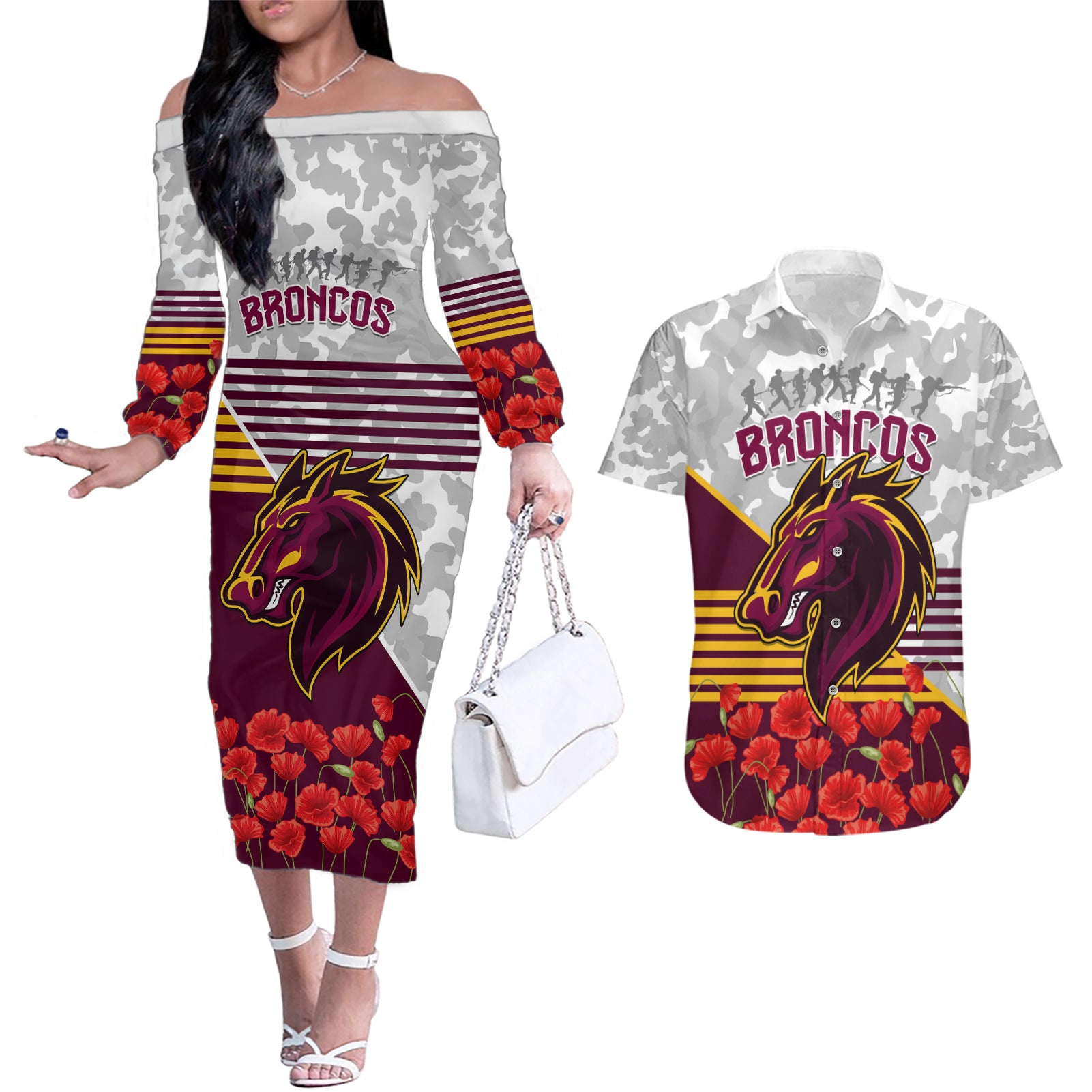 Broncos Rugby ANZAC Day 2024 Couples Matching Off The Shoulder Long Sleeve Dress and Hawaiian Shirt Camouflage Style