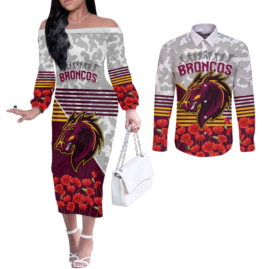 Broncos Rugby ANZAC Day 2024 Couples Matching Off The Shoulder Long Sleeve Dress and Long Sleeve Button Shirt Camouflage Style