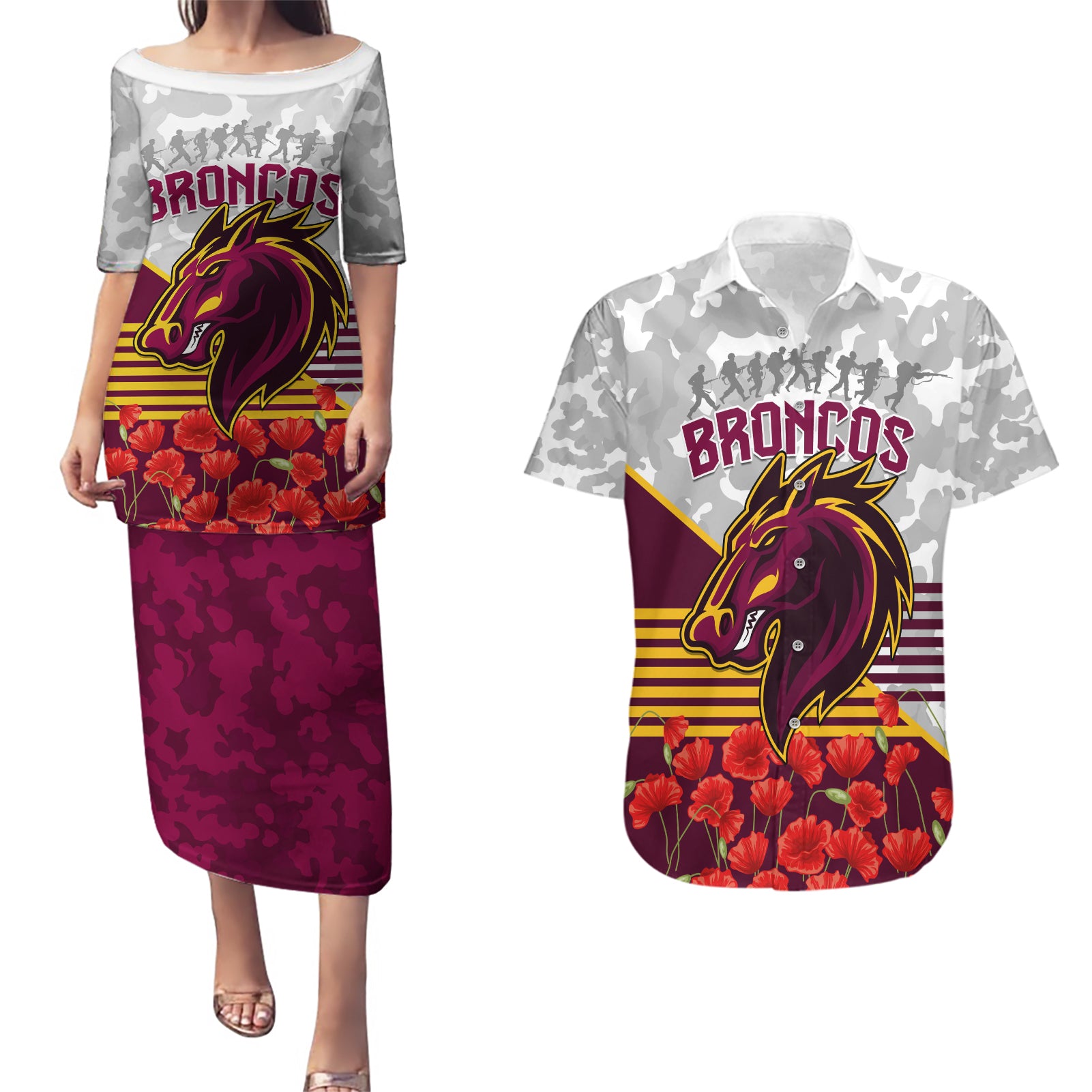 Broncos Rugby ANZAC Day 2024 Couples Matching Puletasi and Hawaiian Shirt Camouflage Style