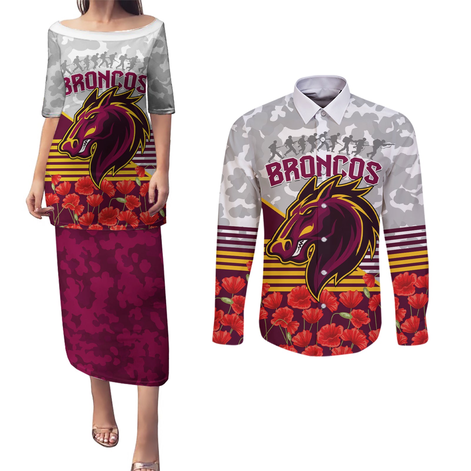 Broncos Rugby ANZAC Day 2024 Couples Matching Puletasi and Long Sleeve Button Shirt Camouflage Style