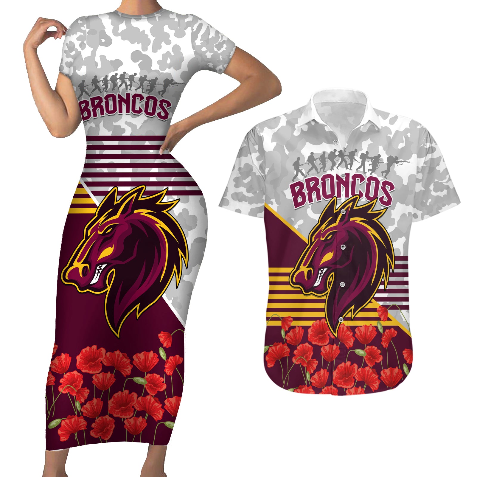 Broncos Rugby ANZAC Day 2024 Couples Matching Short Sleeve Bodycon Dress and Hawaiian Shirt Camouflage Style