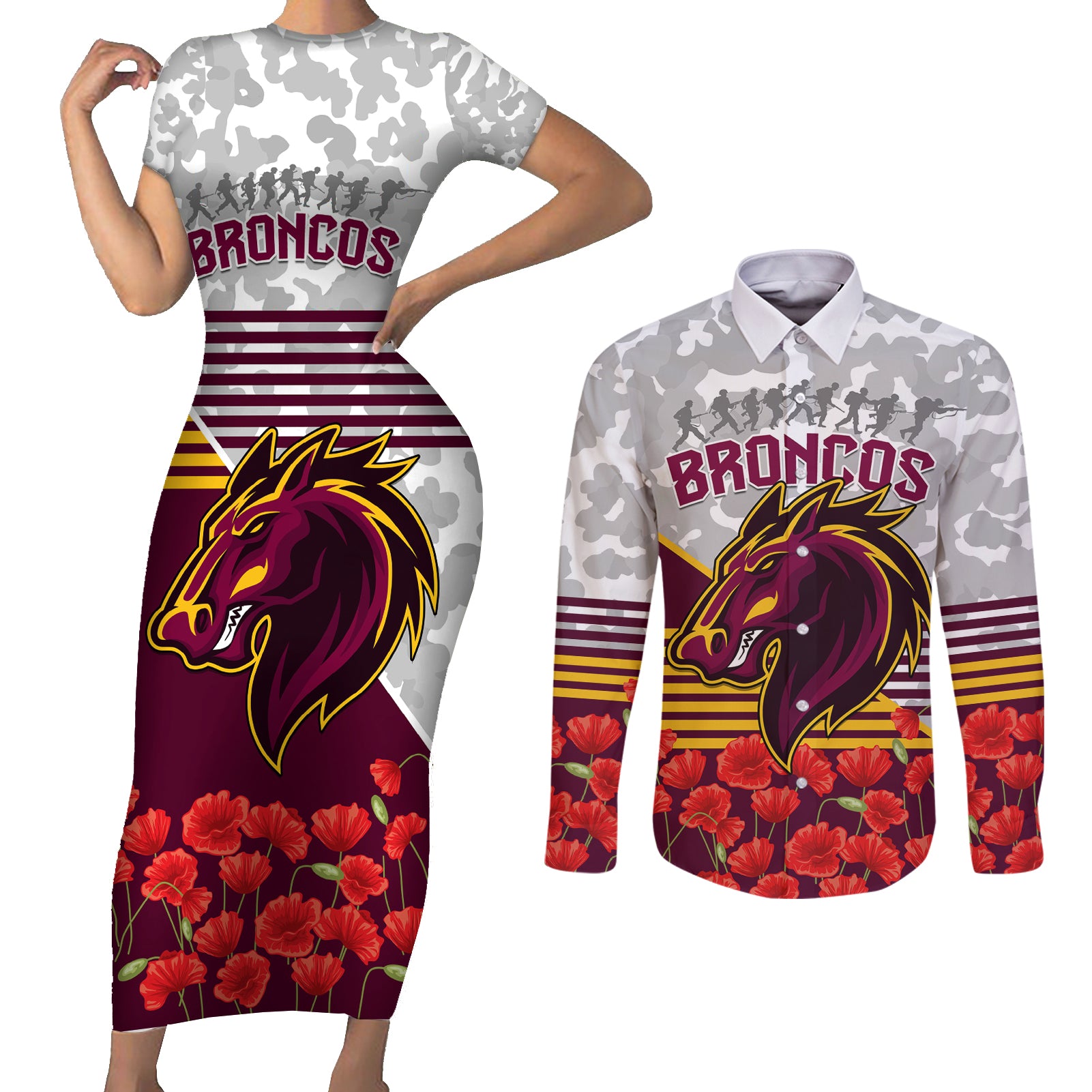 Broncos Rugby ANZAC Day 2024 Couples Matching Short Sleeve Bodycon Dress and Long Sleeve Button Shirt Camouflage Style