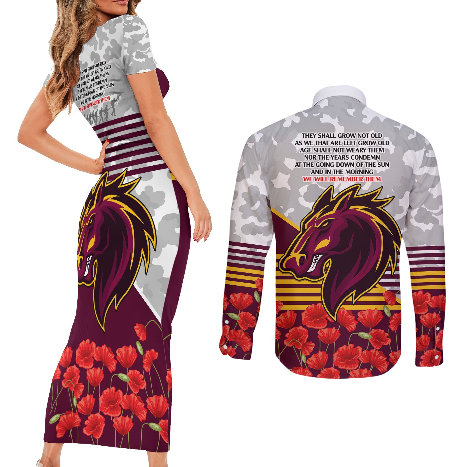 Broncos Rugby ANZAC Day 2024 Couples Matching Short Sleeve Bodycon Dress and Long Sleeve Button Shirt Camouflage Style