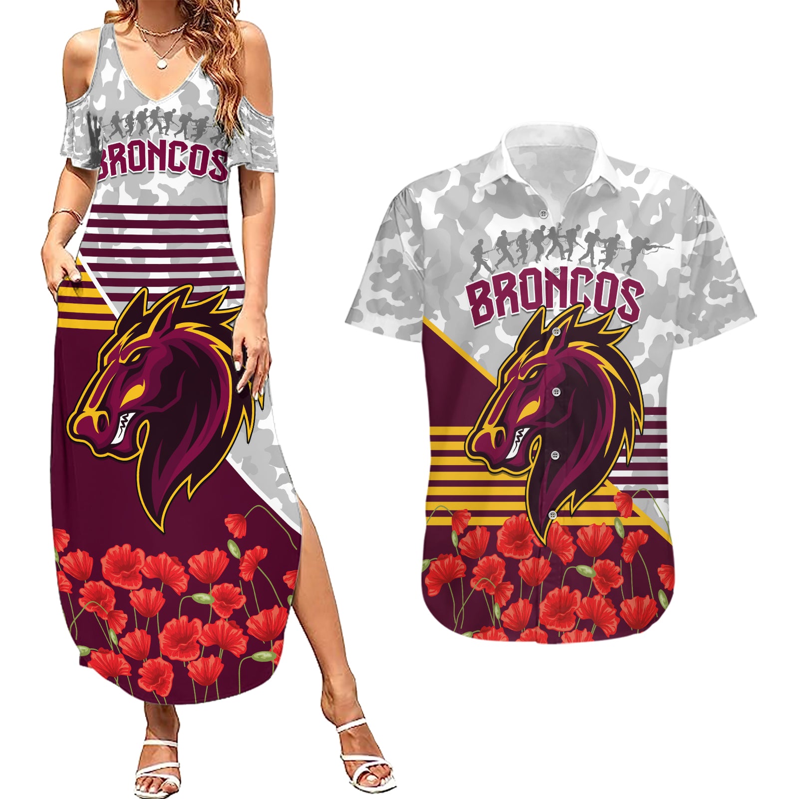 Broncos Rugby ANZAC Day 2024 Couples Matching Summer Maxi Dress and Hawaiian Shirt Camouflage Style