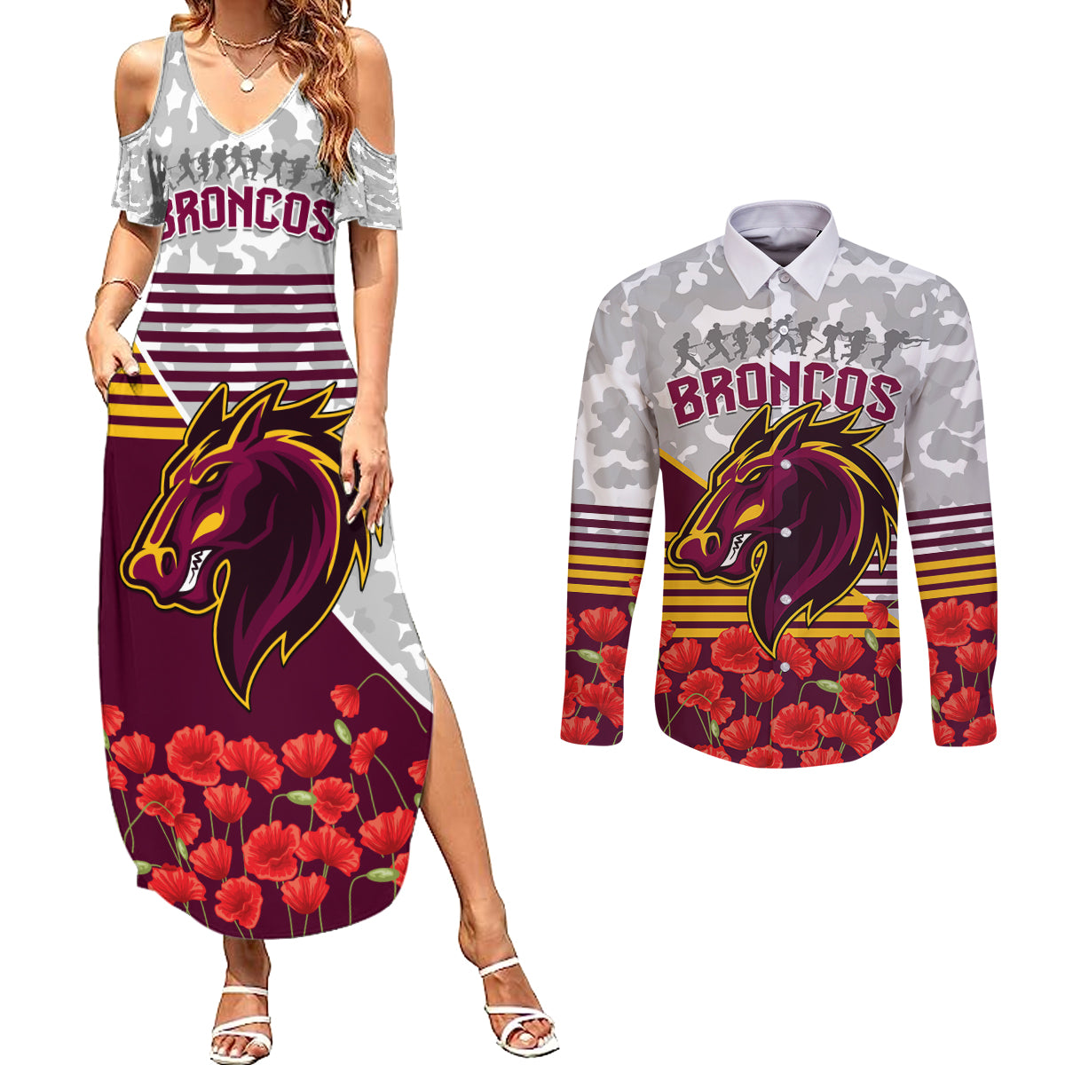 Broncos Rugby ANZAC Day 2024 Couples Matching Summer Maxi Dress and Long Sleeve Button Shirt Camouflage Style