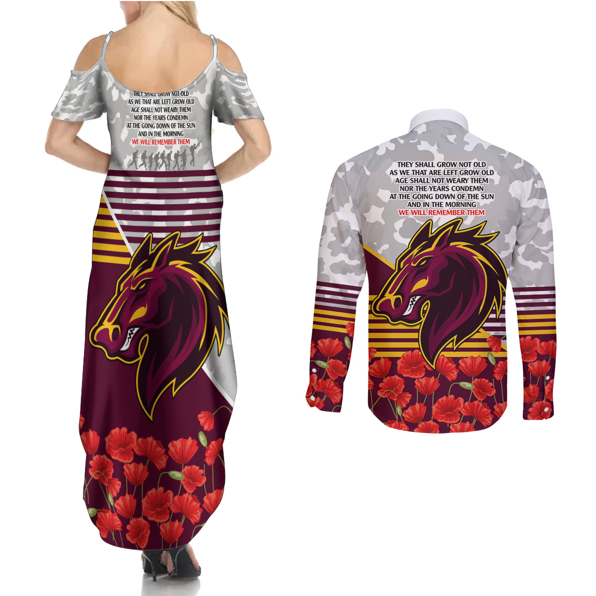 Broncos Rugby ANZAC Day 2024 Couples Matching Summer Maxi Dress and Long Sleeve Button Shirt Camouflage Style