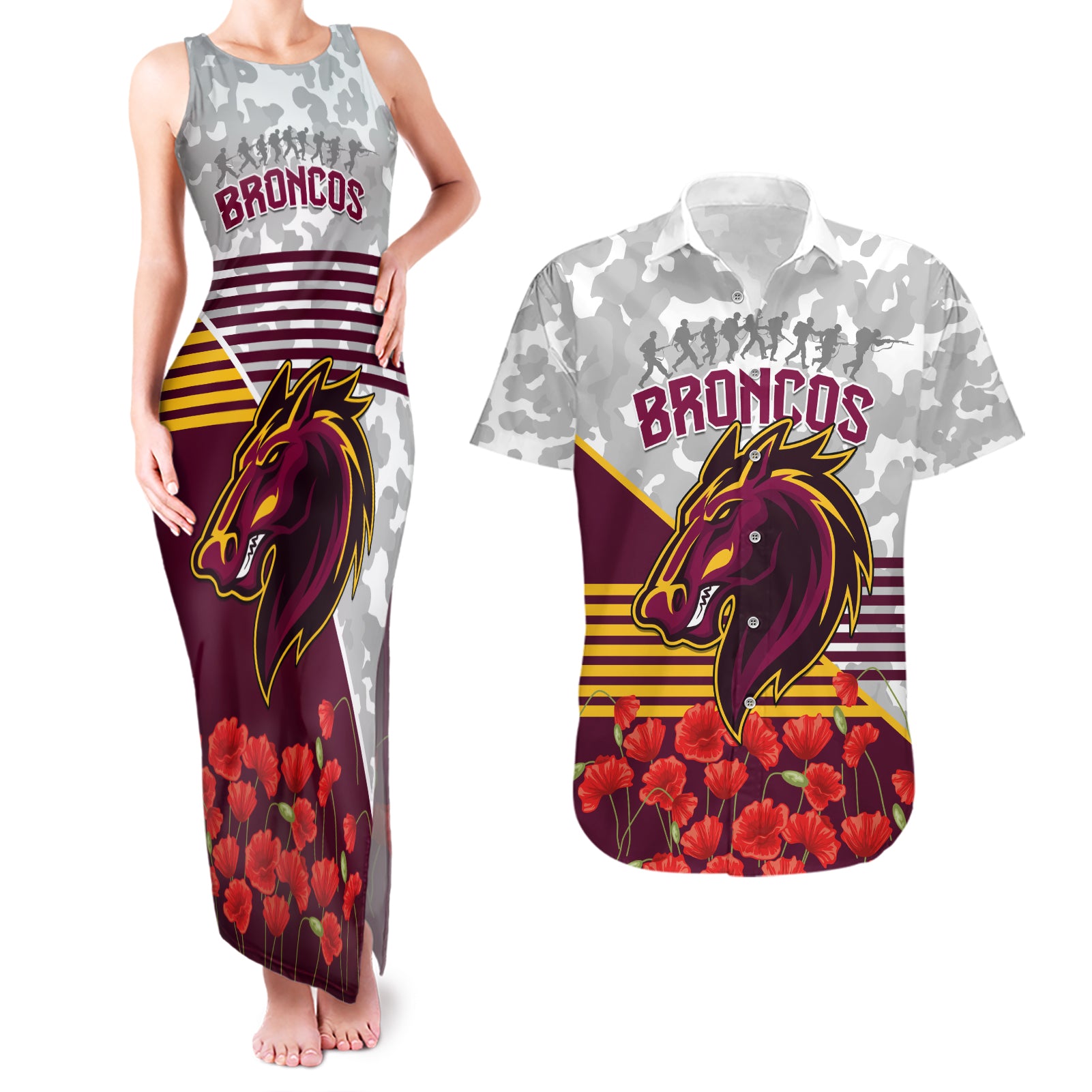 Broncos Rugby ANZAC Day 2024 Couples Matching Tank Maxi Dress and Hawaiian Shirt Camouflage Style