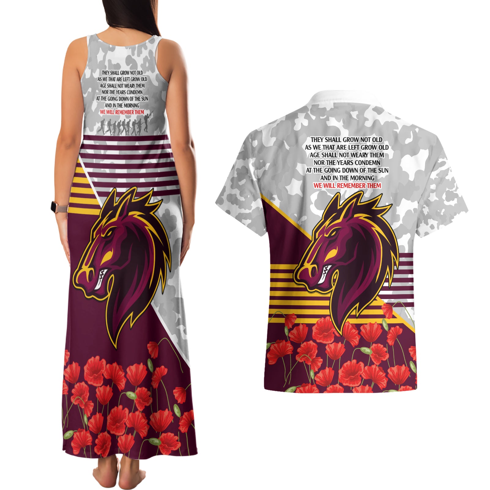 Broncos Rugby ANZAC Day 2024 Couples Matching Tank Maxi Dress and Hawaiian Shirt Camouflage Style