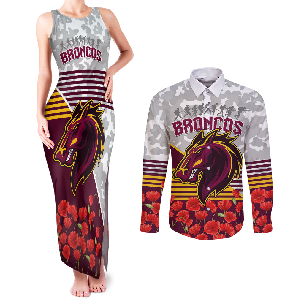 Broncos Rugby ANZAC Day 2024 Couples Matching Tank Maxi Dress and Long Sleeve Button Shirt Camouflage Style