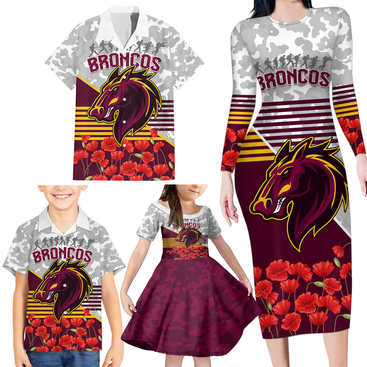 Broncos Rugby ANZAC Day 2024 Family Matching Long Sleeve Bodycon Dress and Hawaiian Shirt Camouflage Style