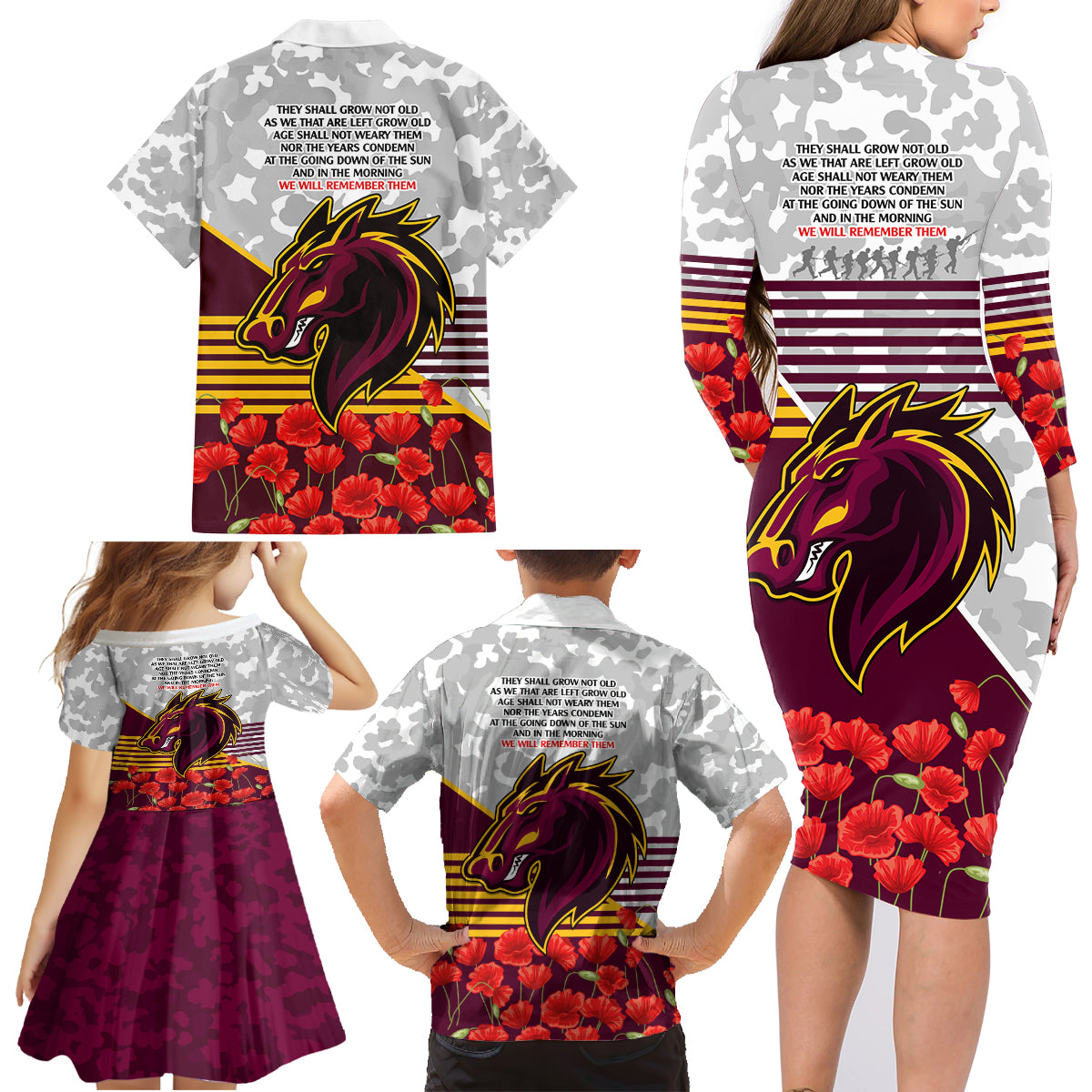 Broncos Rugby ANZAC Day 2024 Family Matching Long Sleeve Bodycon Dress and Hawaiian Shirt Camouflage Style