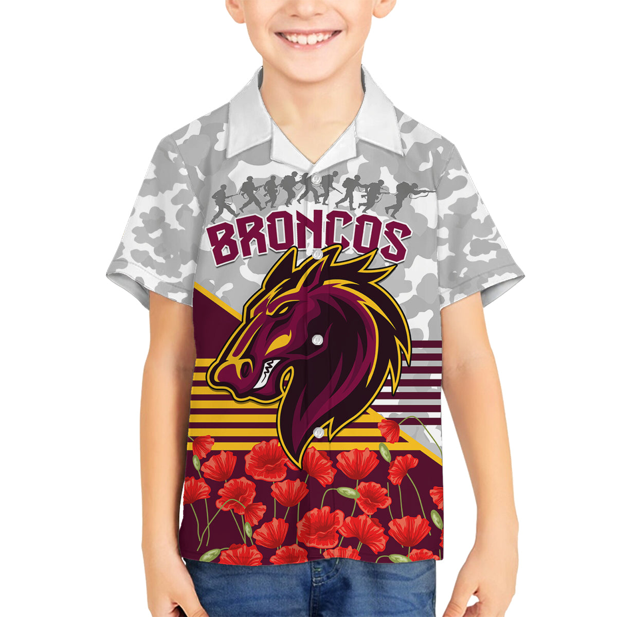 Broncos Rugby ANZAC Day 2024 Family Matching Long Sleeve Bodycon Dress and Hawaiian Shirt Camouflage Style