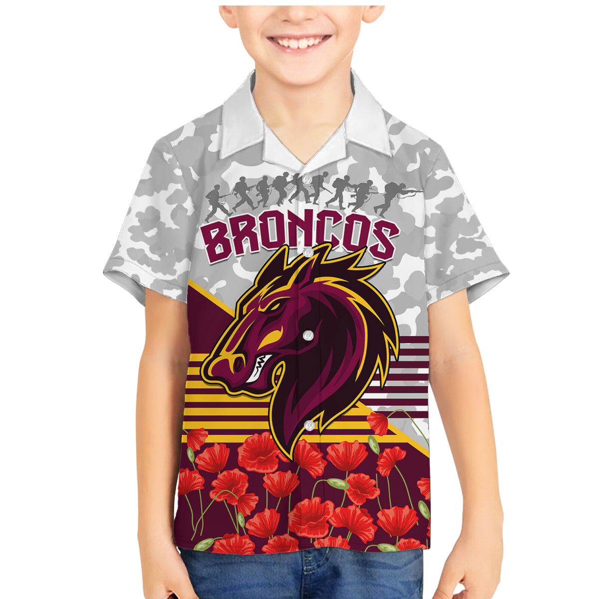 Broncos Rugby ANZAC Day 2024 Family Matching Mermaid Dress and Hawaiian Shirt Camouflage Style