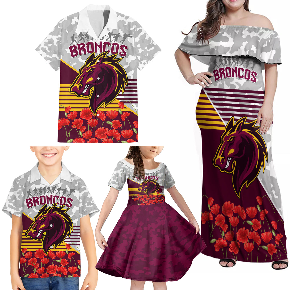 Broncos Rugby ANZAC Day 2024 Family Matching Off Shoulder Maxi Dress and Hawaiian Shirt Camouflage Style