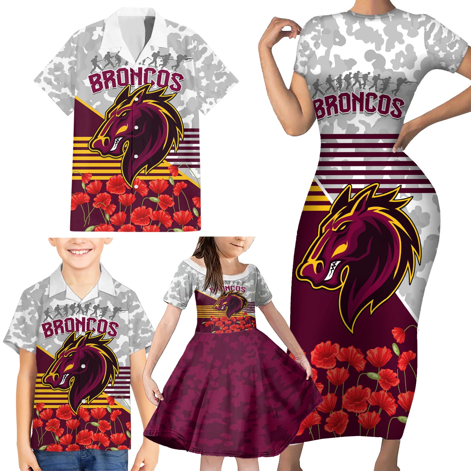 Broncos Rugby ANZAC Day 2024 Family Matching Short Sleeve Bodycon Dress and Hawaiian Shirt Camouflage Style