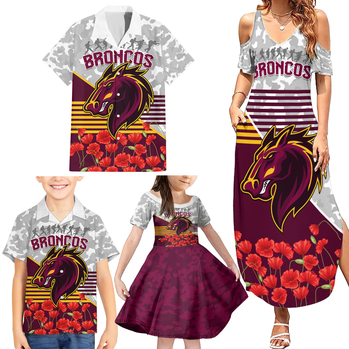 Broncos Rugby ANZAC Day 2024 Family Matching Summer Maxi Dress and Hawaiian Shirt Camouflage Style