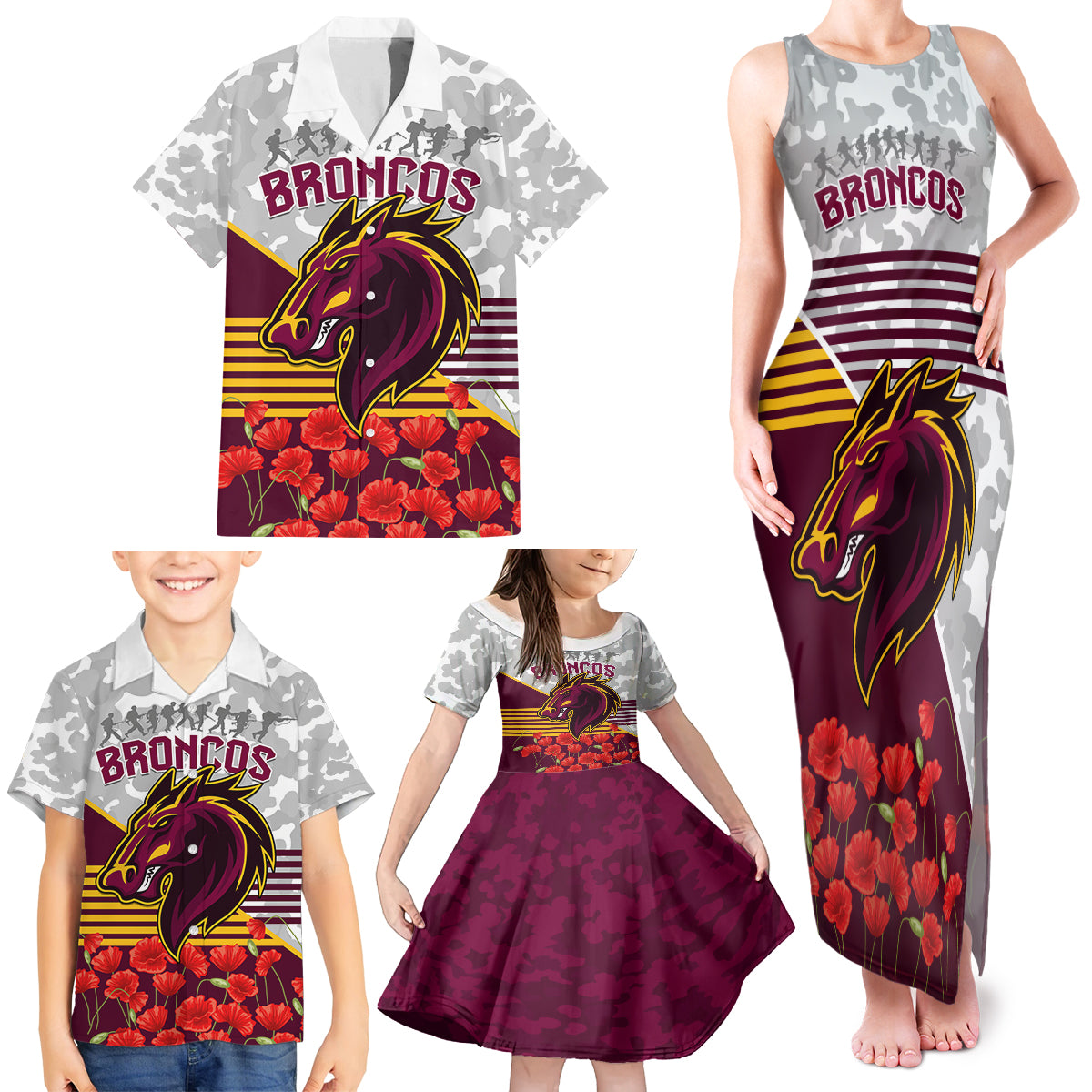 Broncos Rugby ANZAC Day 2024 Family Matching Tank Maxi Dress and Hawaiian Shirt Camouflage Style