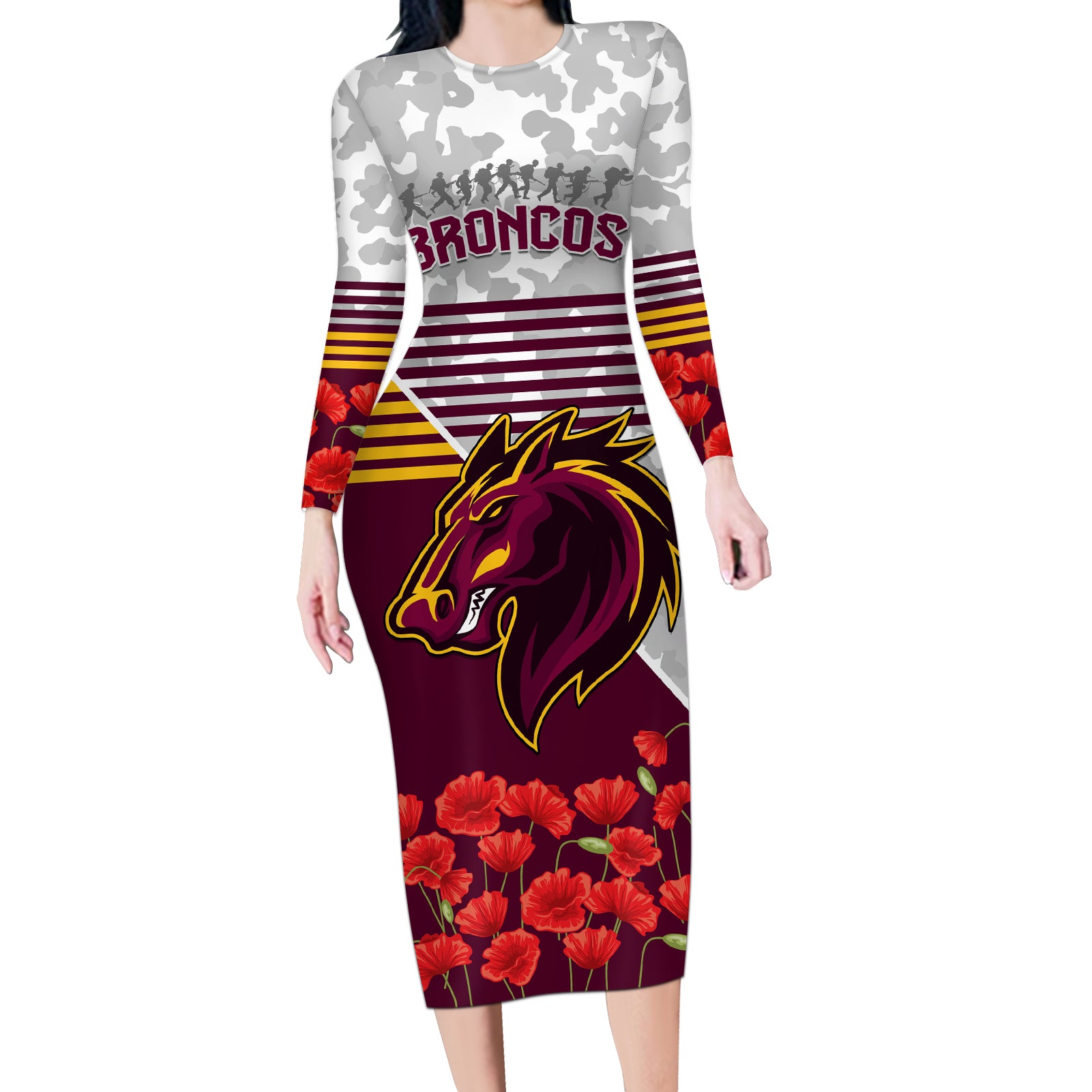 Broncos Rugby ANZAC Day 2024 Long Sleeve Bodycon Dress Camouflage Style