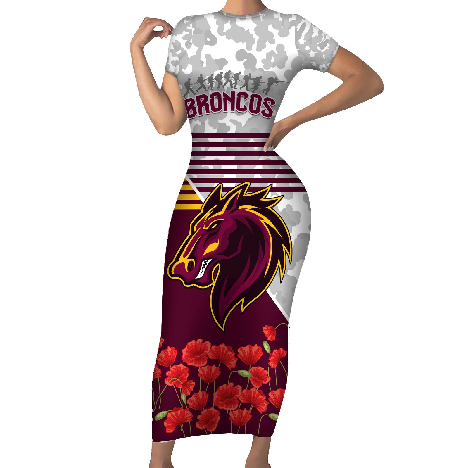 Broncos Rugby ANZAC Day 2024 Short Sleeve Bodycon Dress Camouflage Style