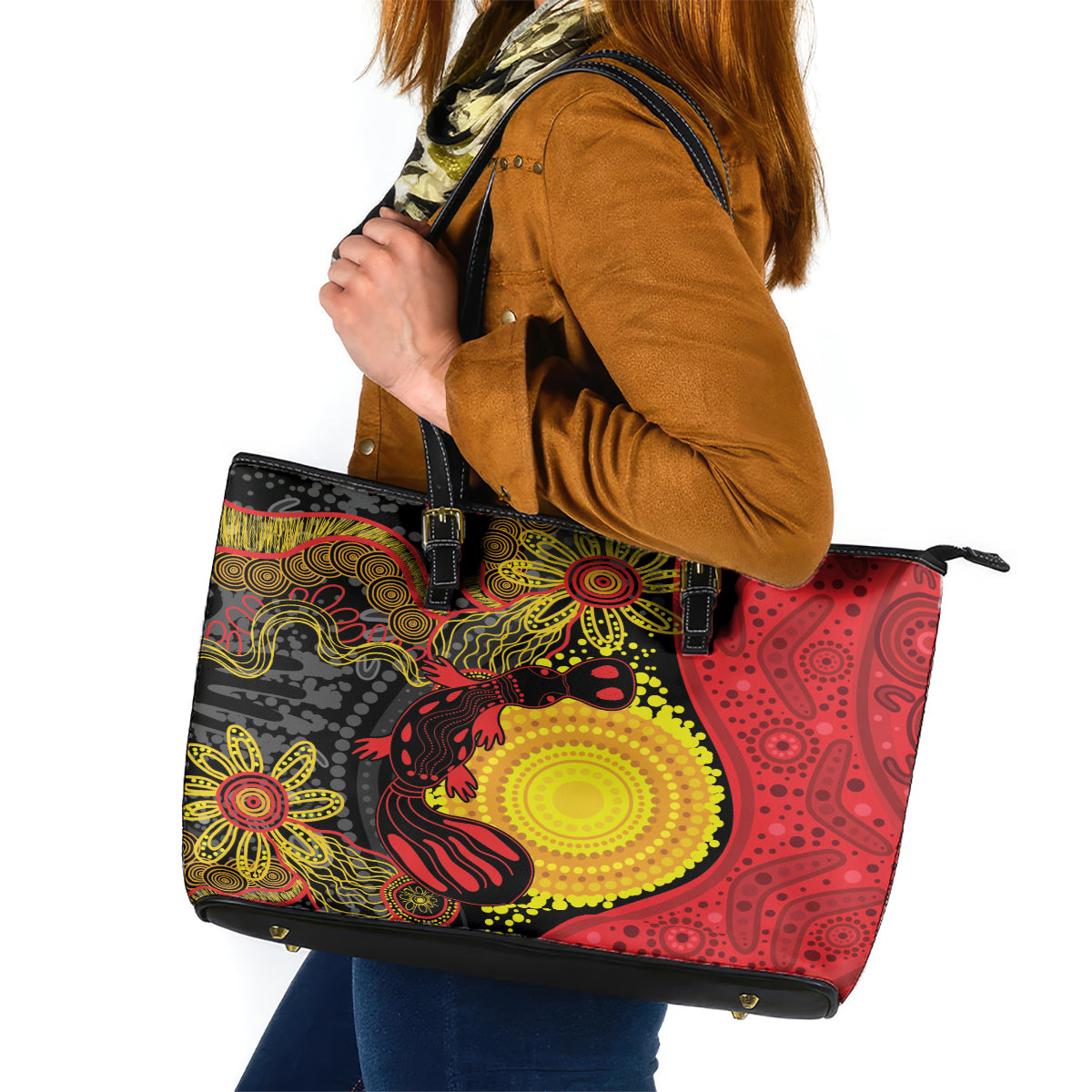 Platypus Aboriginal Art Style Leather Tote Bag