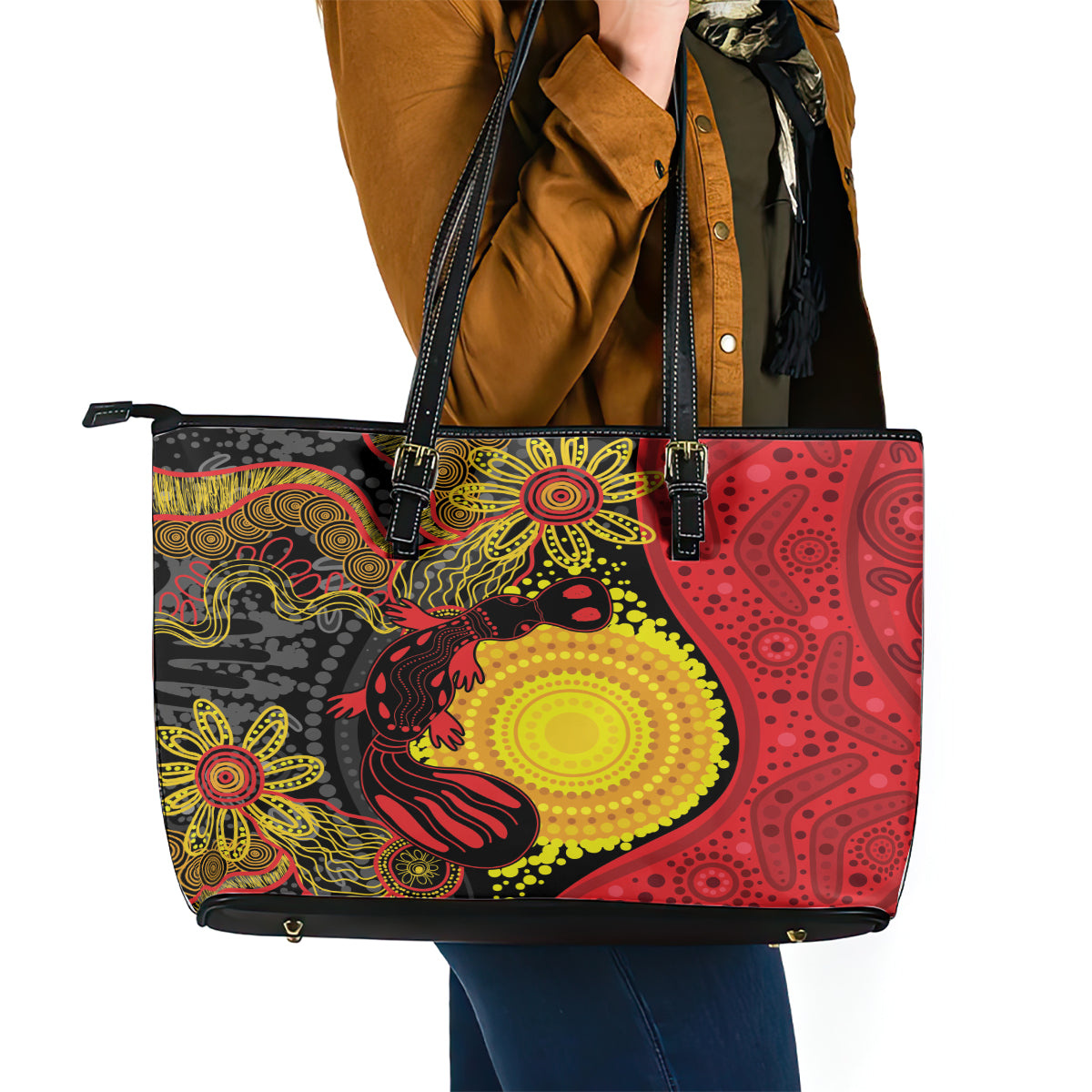 Platypus Aboriginal Art Style Leather Tote Bag