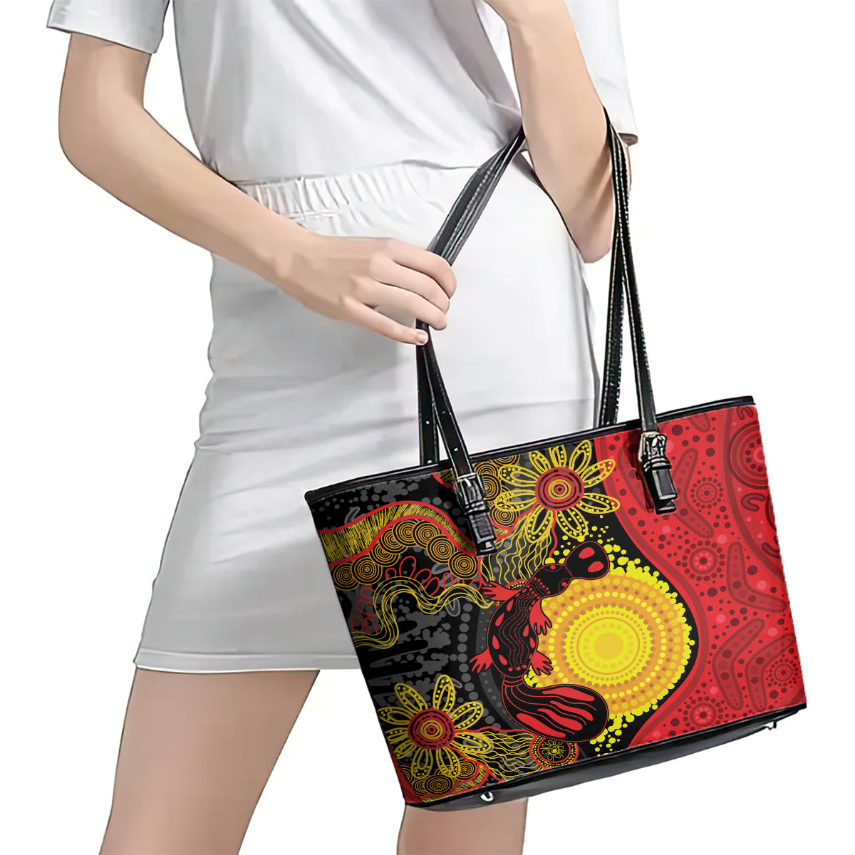 Platypus Aboriginal Art Style Leather Tote Bag