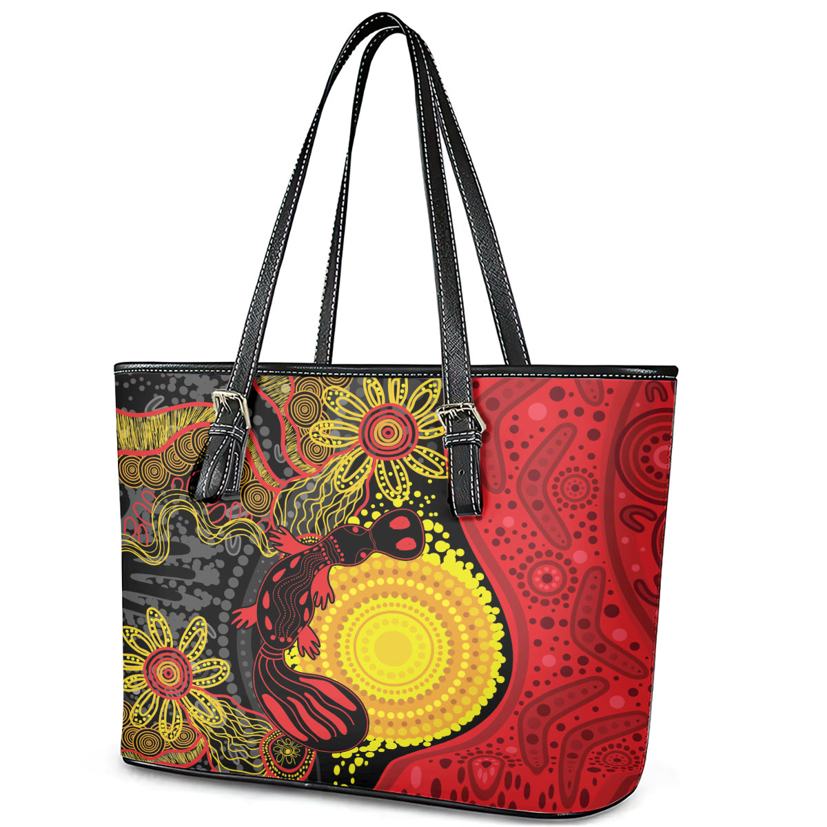 Platypus Aboriginal Art Style Leather Tote Bag