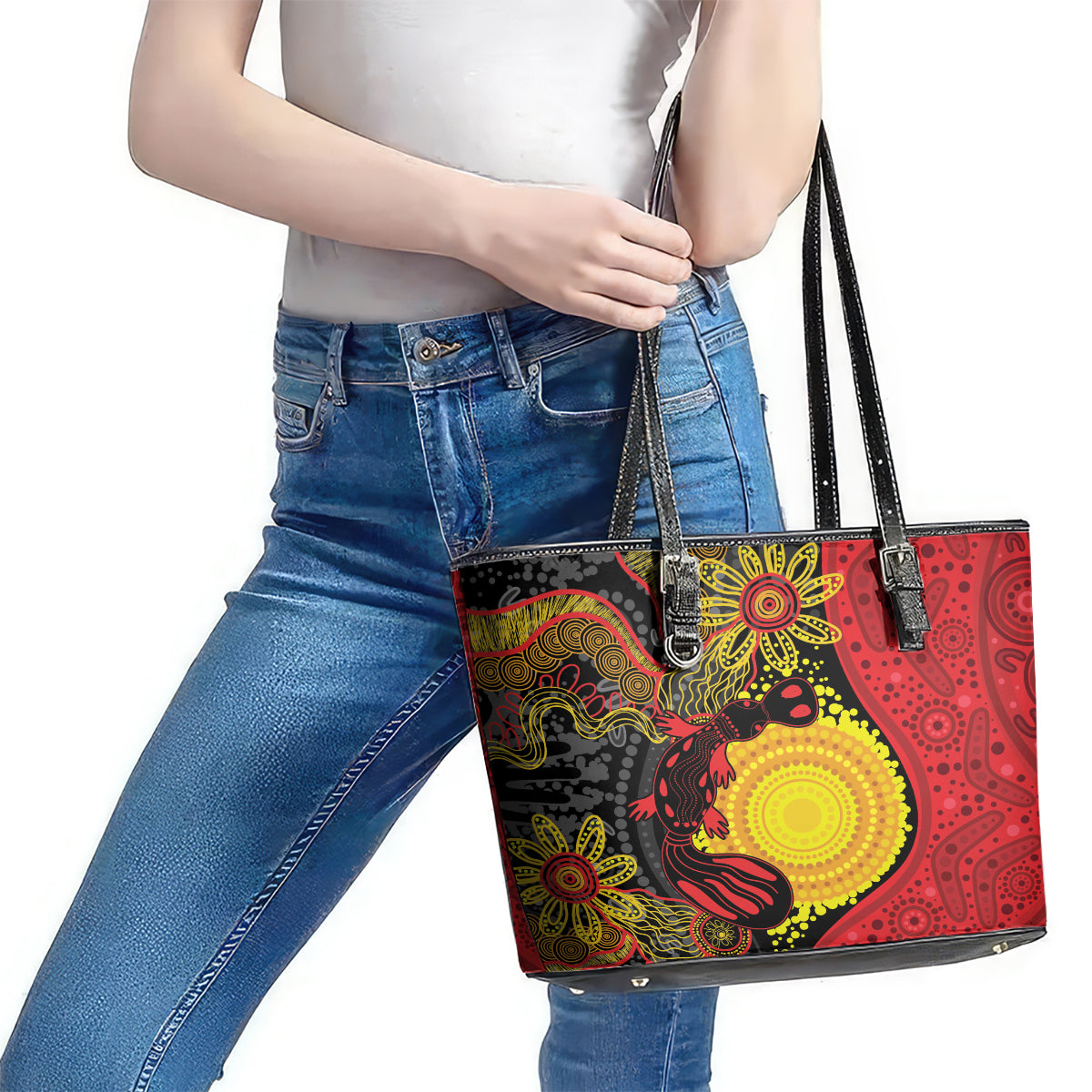 Platypus Aboriginal Art Style Leather Tote Bag