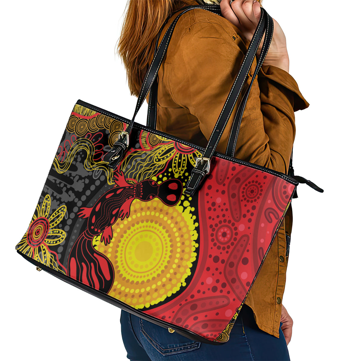 Platypus Aboriginal Art Style Leather Tote Bag