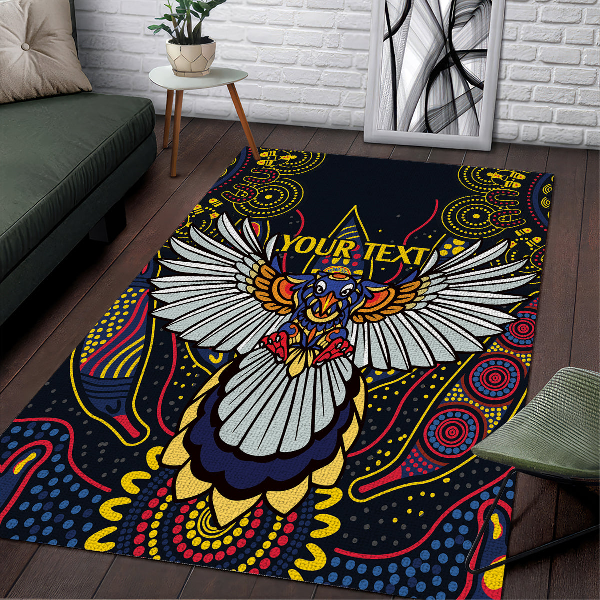 Custom Adelaide Football Area Rug With Crow Aboriginal Art Style