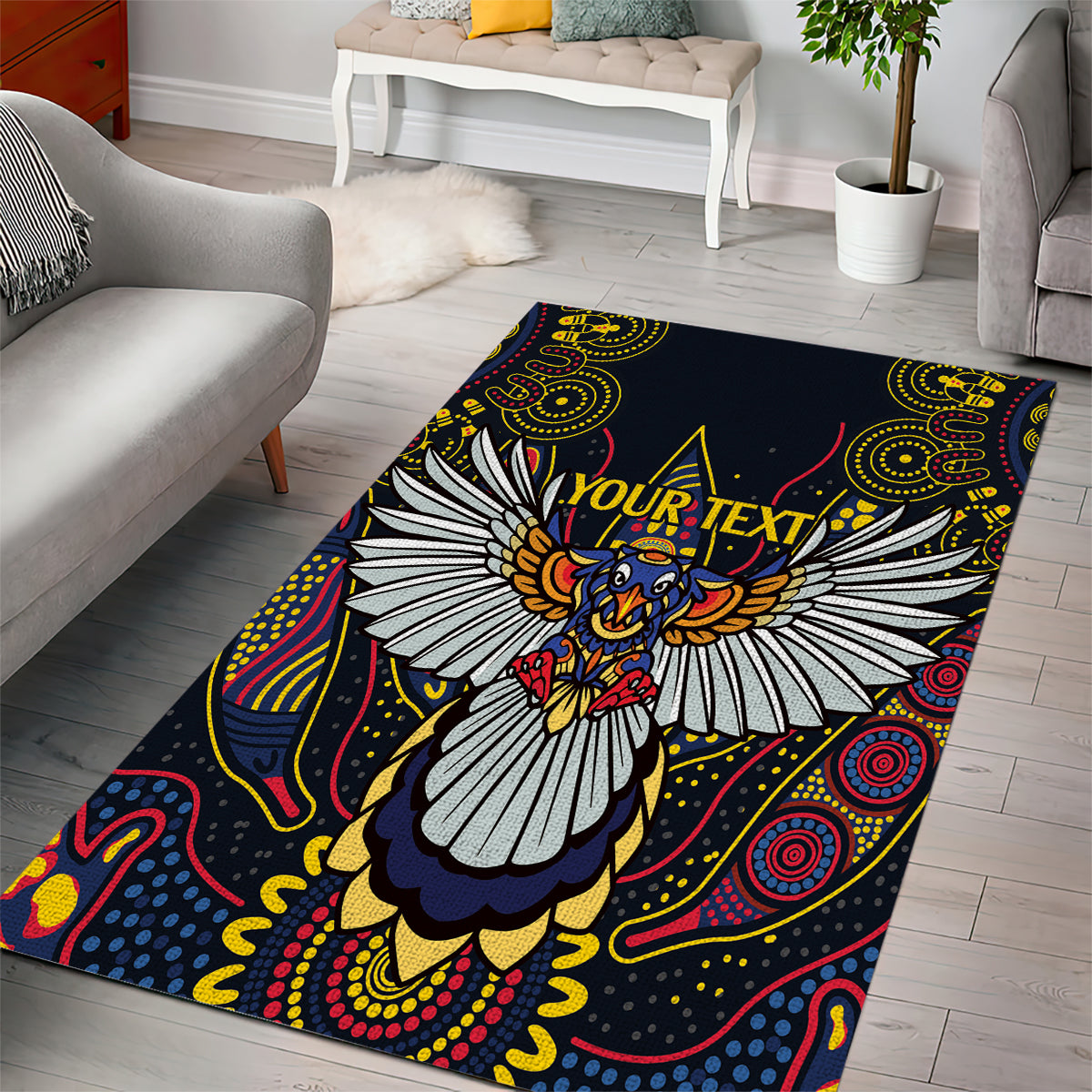 Custom Adelaide Football Area Rug With Crow Aboriginal Art Style