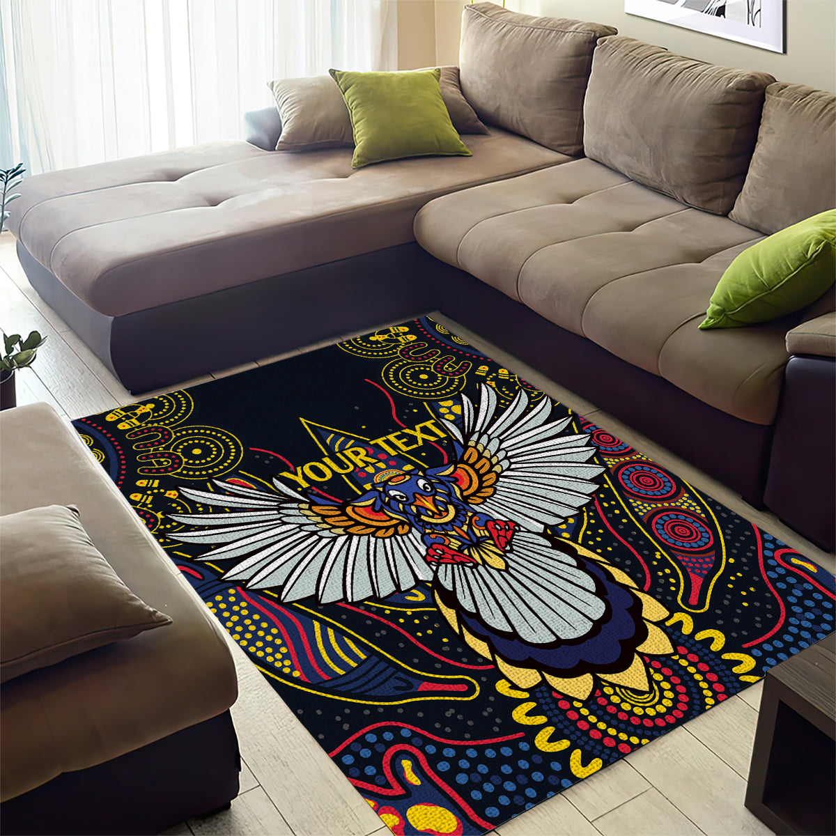 Custom Adelaide Football Area Rug With Crow Aboriginal Art Style