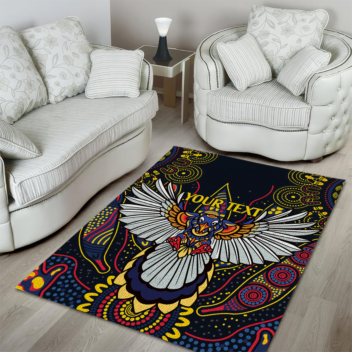 Custom Adelaide Football Area Rug With Crow Aboriginal Art Style