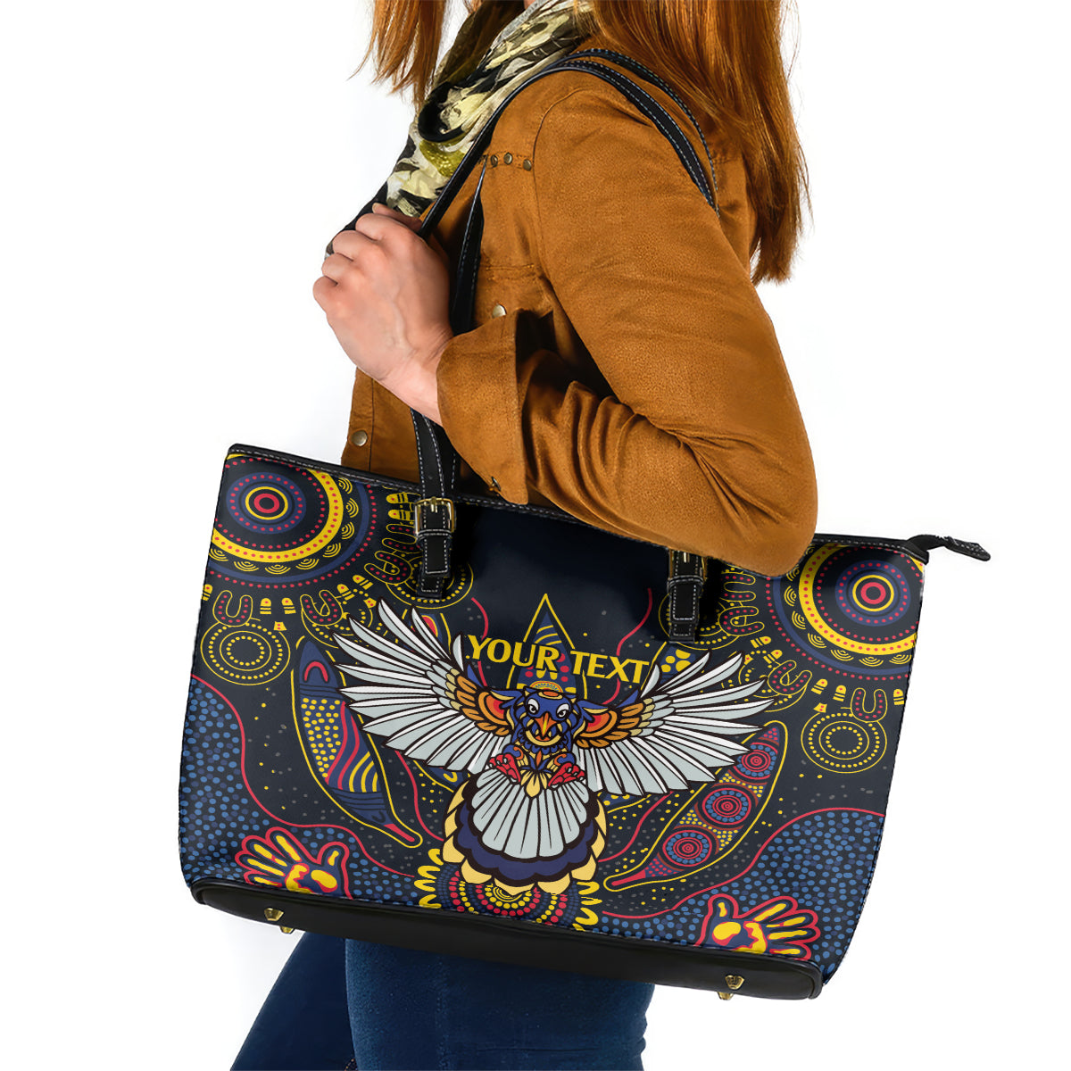 Custom Adelaide Football Leather Tote Bag With Crow Aboriginal Art Style