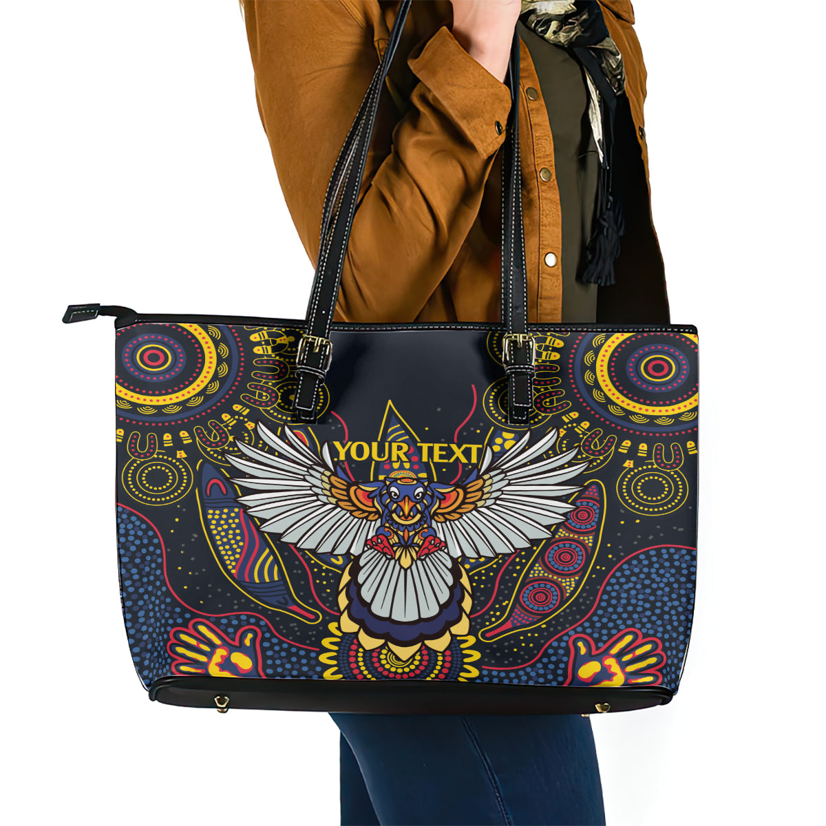 Custom Adelaide Football Leather Tote Bag With Crow Aboriginal Art Style