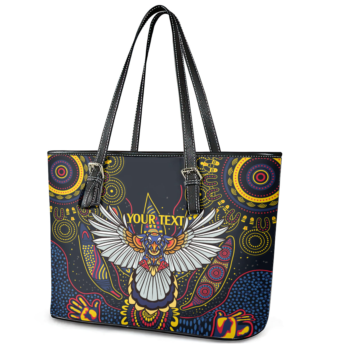 Custom Adelaide Football Leather Tote Bag With Crow Aboriginal Art Style