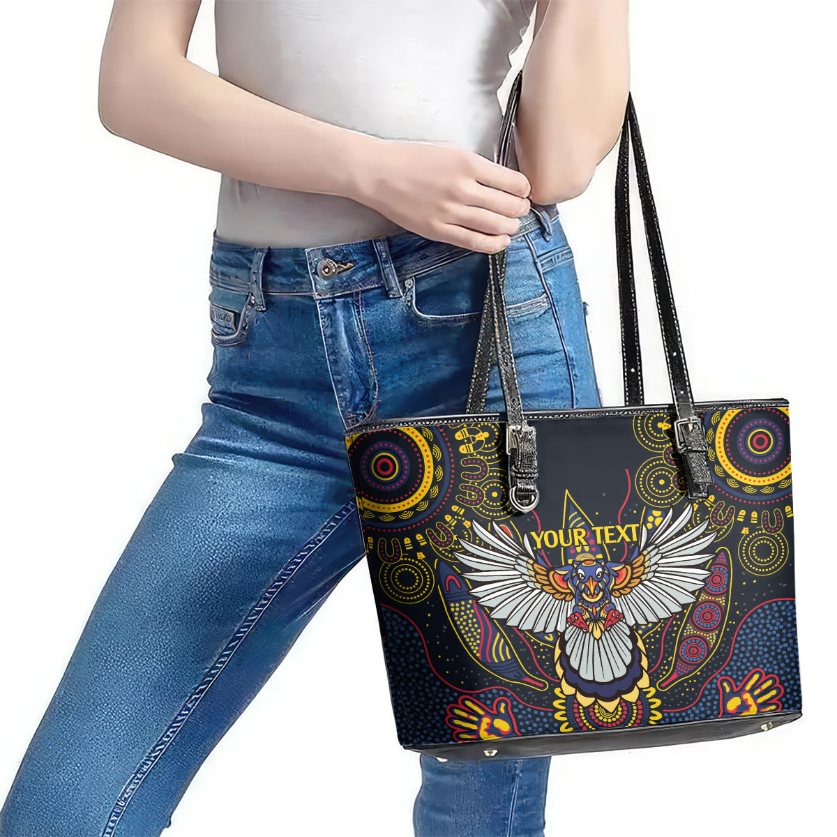 Custom Adelaide Football Leather Tote Bag With Crow Aboriginal Art Style