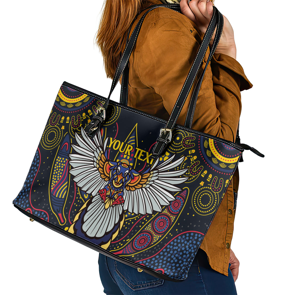 Custom Adelaide Football Leather Tote Bag With Crow Aboriginal Art Style