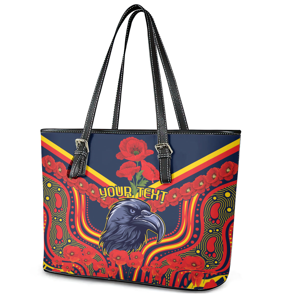 Custom Crows Football ANZAC Leather Tote Bag Poppy Soldier With Aboriginal Dots Art