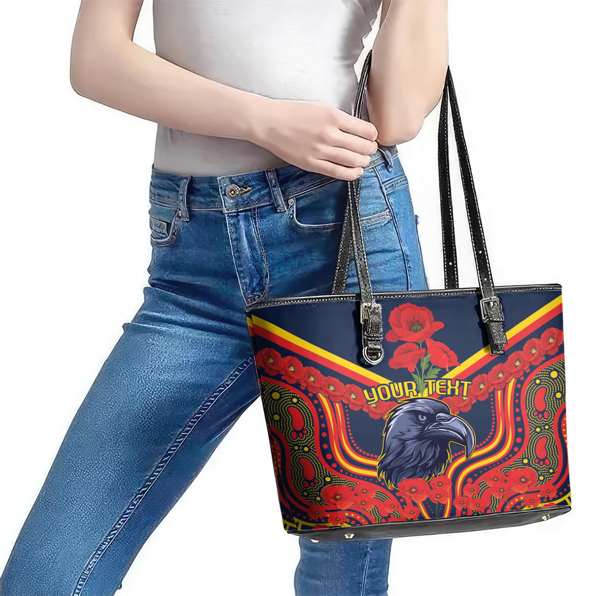 Custom Crows Football ANZAC Leather Tote Bag Poppy Soldier With Aboriginal Dots Art