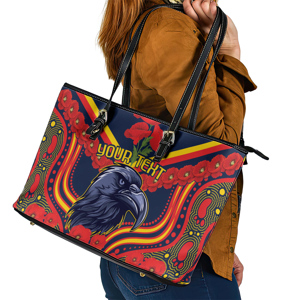 Custom Crows Football ANZAC Leather Tote Bag Poppy Soldier With Aboriginal Dots Art