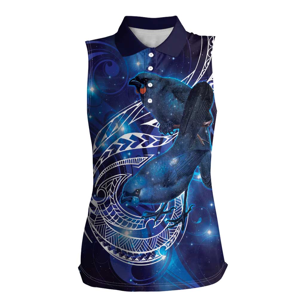 North Island Kokako and South Island Kokako Women Sleeveless Polo Shirt New Zealand Native Bird with Galaxy Vibe