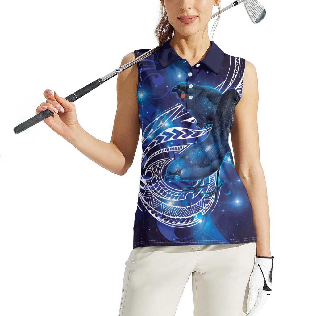 North Island Kokako and South Island Kokako Women Sleeveless Polo Shirt New Zealand Native Bird with Galaxy Vibe